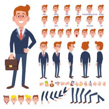 Ön, yan, arkadan görünüm animasyon karakter. Çeşitli görünümler, saç modelleri, yüz duygular, pozlar ve hareketleri ile grubu iş adam karakter oluşturma. Karikatür tarzı, düz vektör çizim.