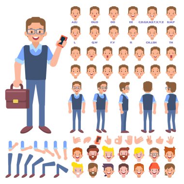 Senin sahneleri için vektör Yöneticisi karakter. Çeşitli görünümler, saç modelleri, yüz duygular, dudak senkronizasyon, pozlar ve hareketleri ile grubu karakter oluşturma. Animasyon ve tasarım için vücut şablon bölümleri.