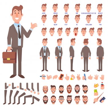 Ön, yan, arkadan görünüm animasyon karakter. Çeşitli görünümler, saç modelleri, yüz duygular, pozlar ve hareketleri ile grubu iş adam karakter oluşturma. Karikatür tarzı, düz vektör çizim.