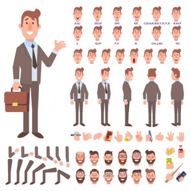 Front, side, back view animated character. Business man character creation set with various views, hairstyles, face emotions, poses and gestures. Cartoon style, flat vector illustration. clipart