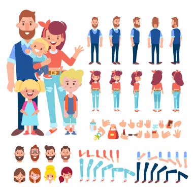 Mutlu aile karakterler - anne, baba ve çocuk. Ön, yan, arka profili animasyon karakter. Karikatür tarzı, düz vektör çizim.