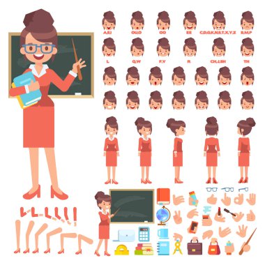 Kadın öğretmen oluşturma küme. Ön, yan, geri, 3/4 görünüm animasyon karakter. Vücudun farklı bölgelerinde. Oluşturucu çeşitli görünümler, dudak senkronizasyon ve hareketleri ile. Karikatür tarzı, düz vektör çizim.