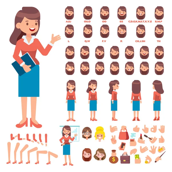 Front Side Back View Animated Characters Business Woman Creation Set — Stock Vector