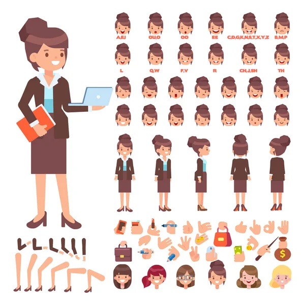 サイド 背面アニメーション文字 創業の女性はさまざまなビュー 顔の感情 ポーズやジェスチャーで設定 漫画のスタイル フラットのベクトル図 — ストックベクタ