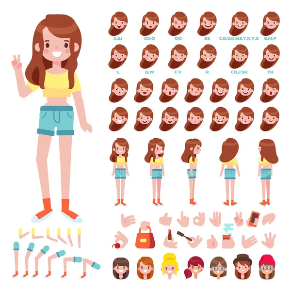 Přední Boční Zadní Pohled Animované Postavy Teenage Dívka Tvorba Postav — Stockový vektor