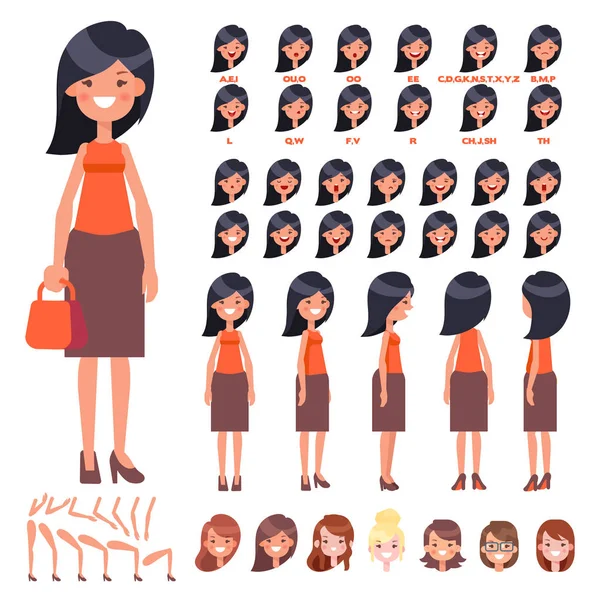 Vorne Seite Rückseite Animierte Figur Hübsche Junge Frau Character Creation — Stockvektor