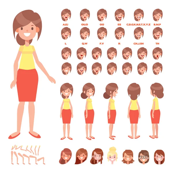 Front Side Back View Animated Character Woman Character Creation Set — Stock Vector