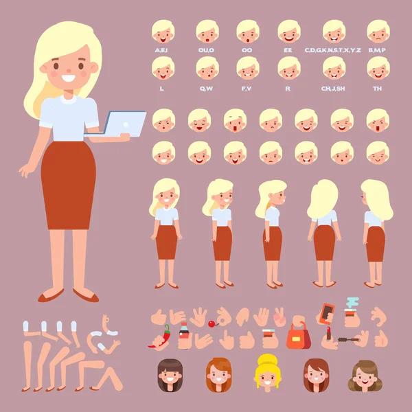 Vorne Seite Rückseite Animierte Figur Geschäftsfrau Charakter Kreation Set Mit — Stockvektor