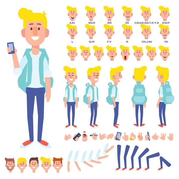 Vorne Seite Rückseite Animierte Figur Männliche Studentencharakter Set Mit Verschiedenen — Stockvektor