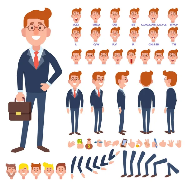 Frente Lado Vista Trasera Personaje Animado Creación Personajes Hombre Negocios — Vector de stock