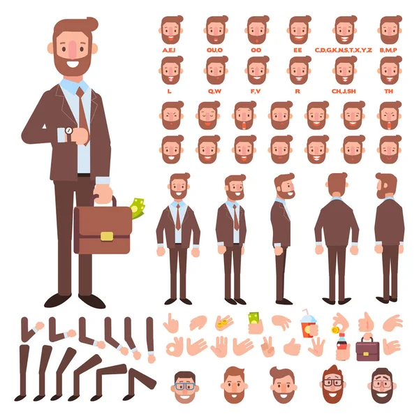 Přední Boční Zadní Pohled Animovaný Charakter Obchodní Muž Charakter Tvorby — Stockový vektor