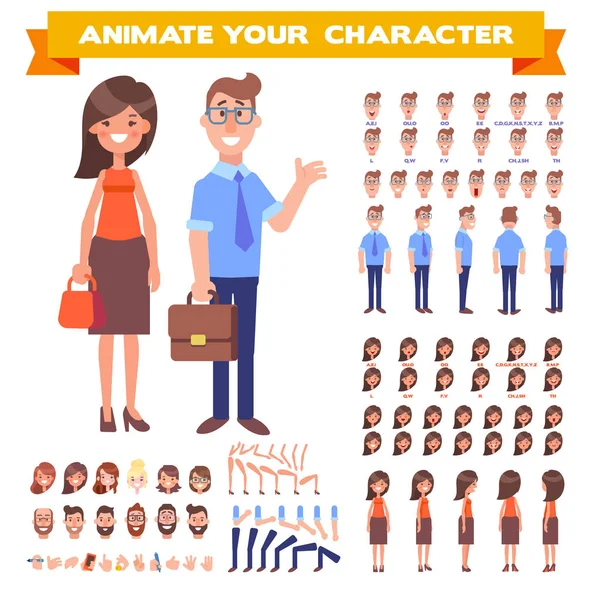 Face Côté Vue Arrière Personnage Animé Femme Affaires Homme Création — Image vectorielle