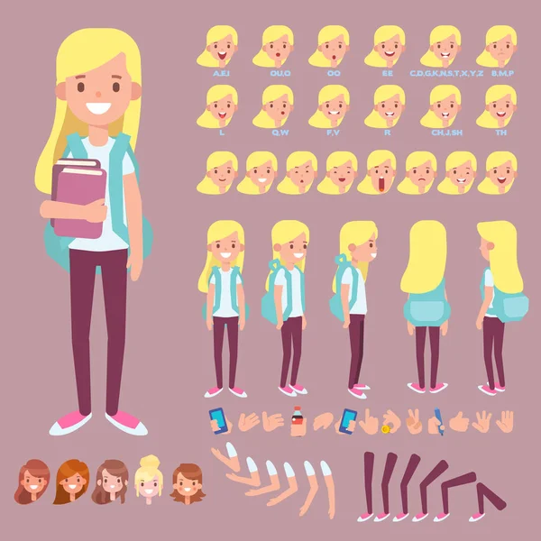 フロント サイド バックビューのアニメーションキャラクター 様々なビュー ヘアスタイル 顔の感情 ポーズやジェスチャーで設定された十代の女の子のキャラクターの作成 漫画スタイル フラットベクトルイラスト — ストックベクタ