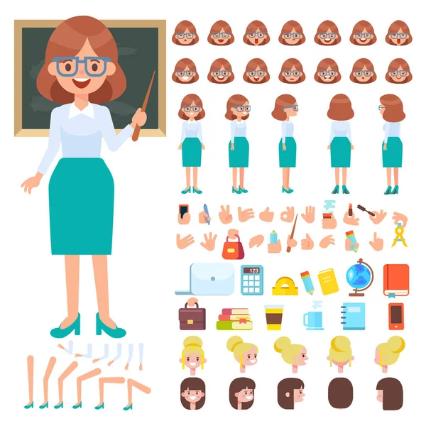 Kadın Öğretmen Oluşturma Küme Yan Geri Görünüm Animasyon Karakter Vücudun — Stok Vektör
