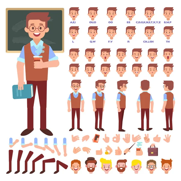 Male Teacher Creation Set Front Side Back View Animated Character — Stock Vector