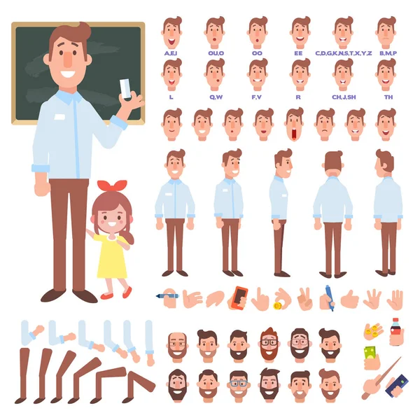 Männliche Lehrer Schöpfungsset Vorderseite Seite Rückseite Ansicht Animierte Figur Getrennte — Stockvektor