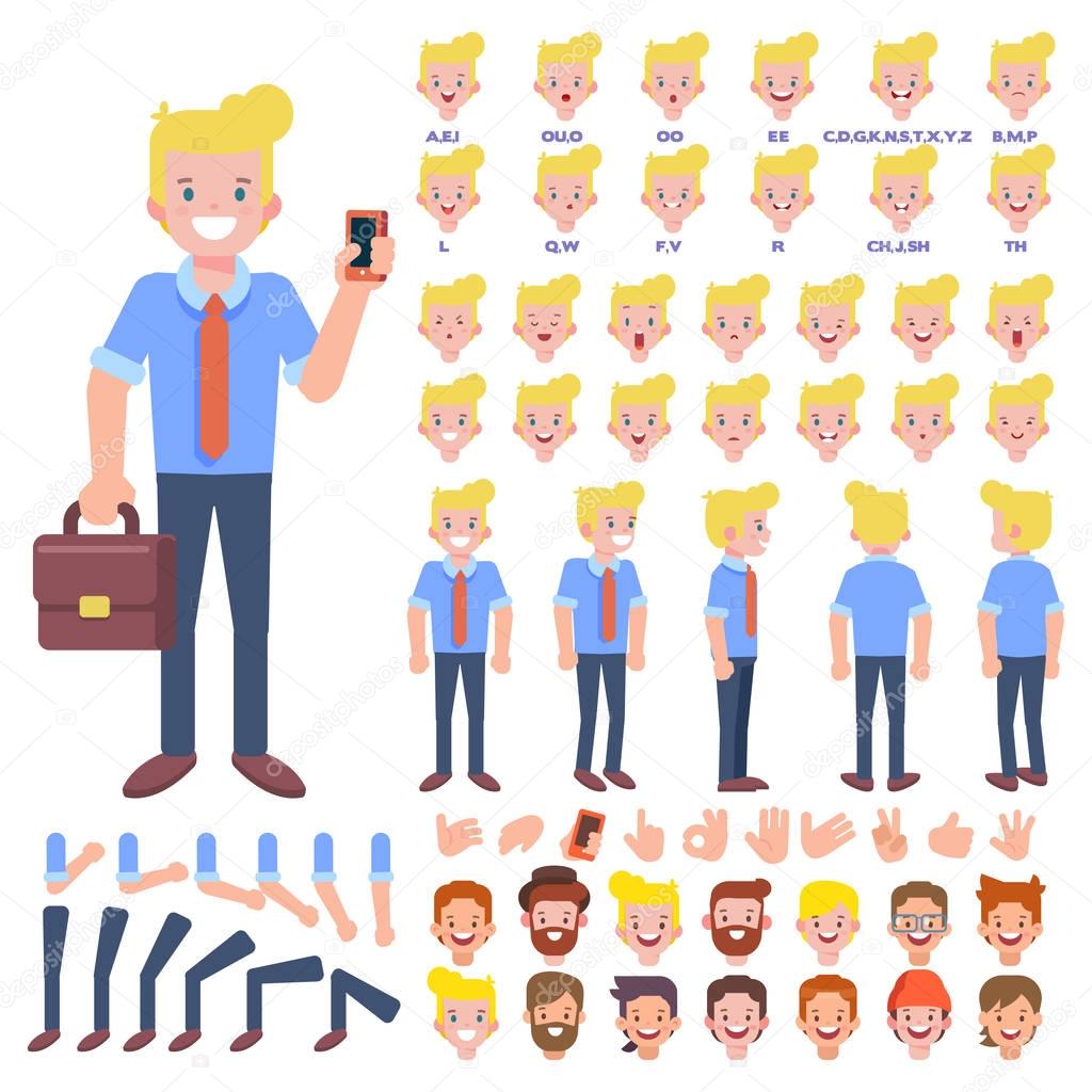 Front, side, back view animated character. Business man character creation set with various views, hairstyles, face emotions, poses and gestures. Cartoon style, flat vector illustration.
