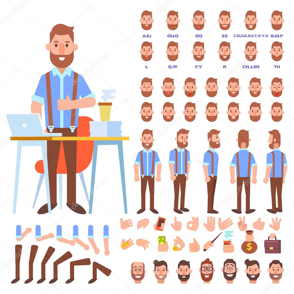 Flat Vector Guy character for your scenes. Character creation set with various views, face emotions, lip sync and poses. Parts of body template for design work and animation.