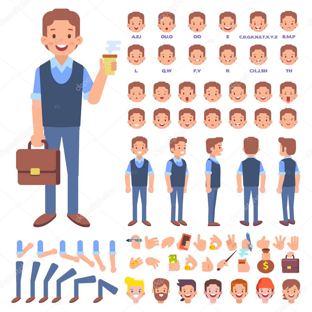 Vector manager character for your scenes. Character creation set with various views, hairstyles, face emotions, lip sync, poses and gestures. Parts of body template for animation and design.