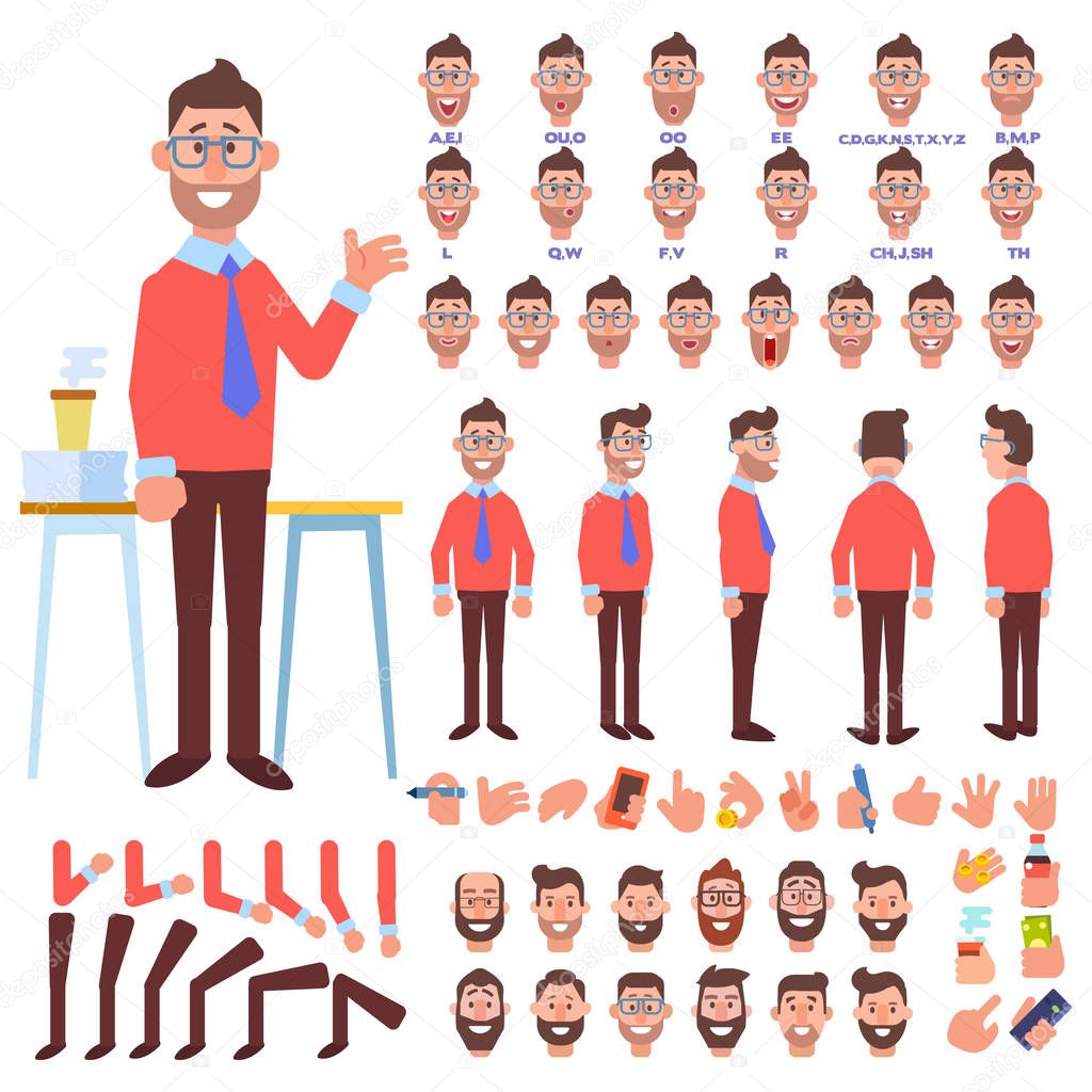 Front, side, back view animated character. Male Designer character creation set with various views, hairstyles, face emotions, poses and gestures. Cartoon style, flat vector illustration. 