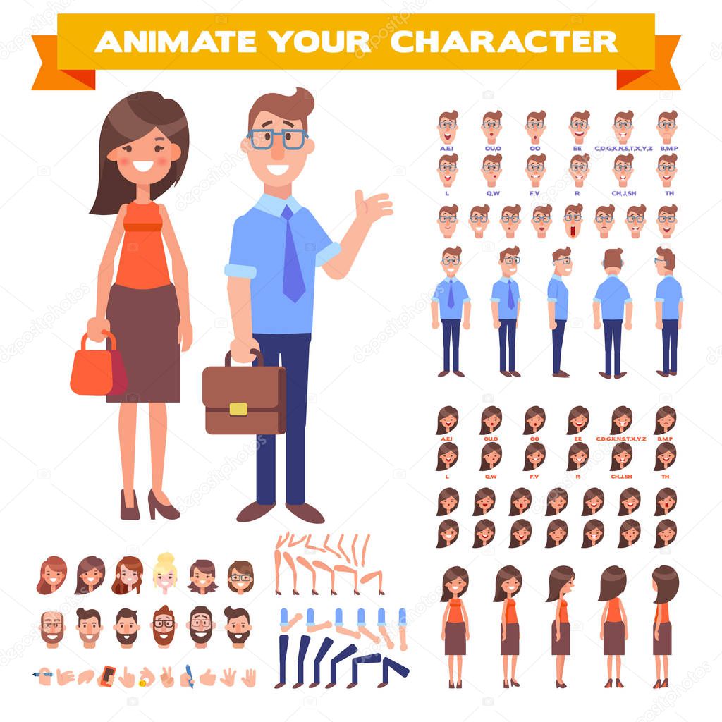 Front, side, back view animated character. Business woman and man character creation set with various views, hairstyles, face emotions, poses and gestures. Cartoon style, flat vector illustration.