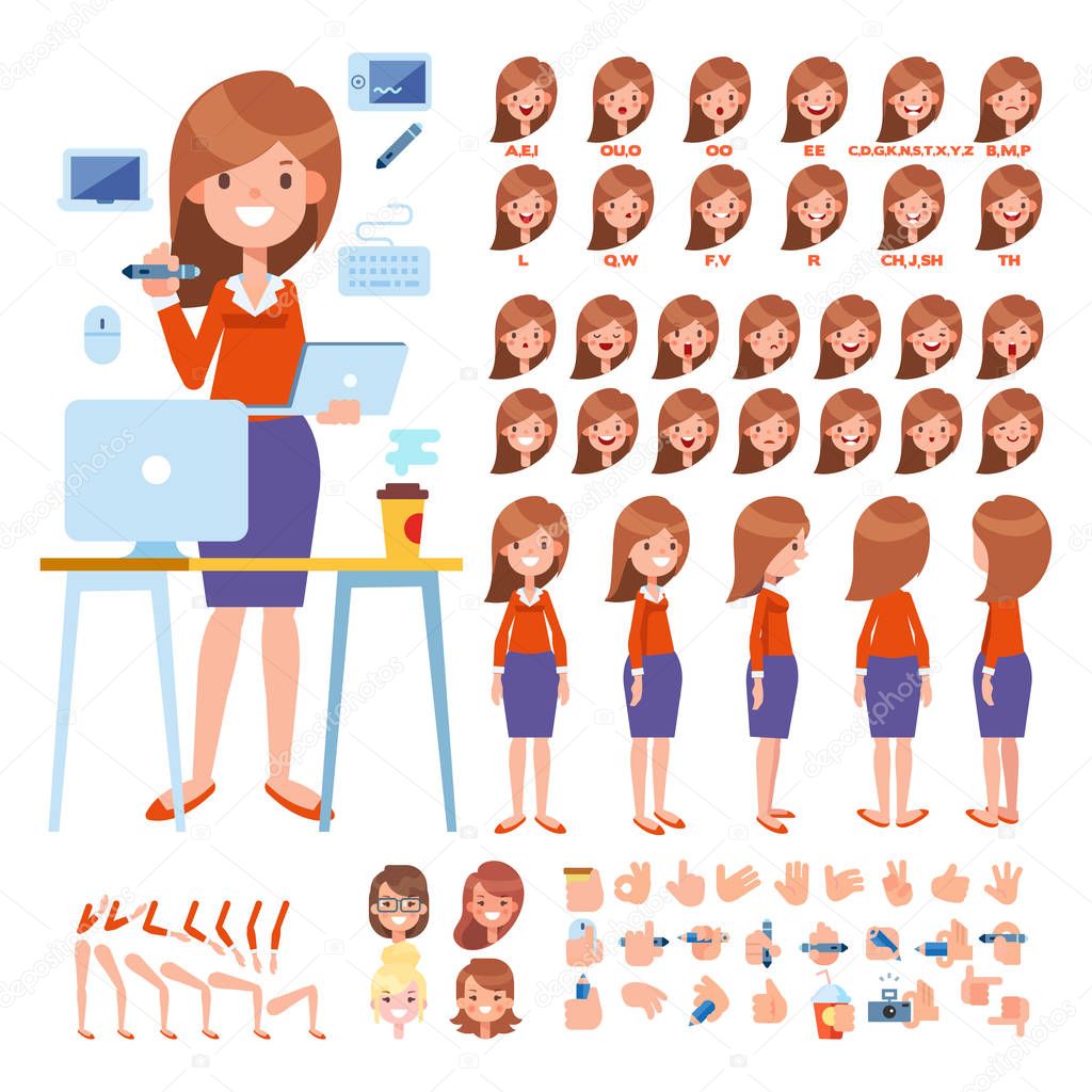 Front, side, back view animated character. Designer woman character creation set with various views, hairstyles, face emotions, poses and gestures. Cartoon style, flat vector illustration. 