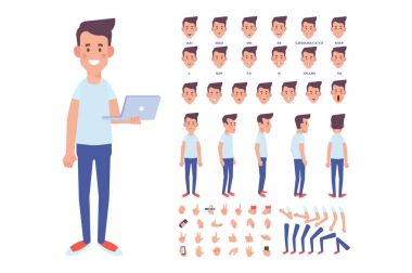 Front, side, back, 3/4 view animated character. Young guy character constructor with various views, hairstyles, face emotions, poses, lip sync and gestures. Cartoon style, flat vector illustration. clipart
