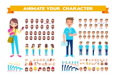 Front, side, back view animated characters. Male and female Students creation set with various views, hairstyles, face emotions, poses and gestures. Cartoon style, flat vector illustration. clipart