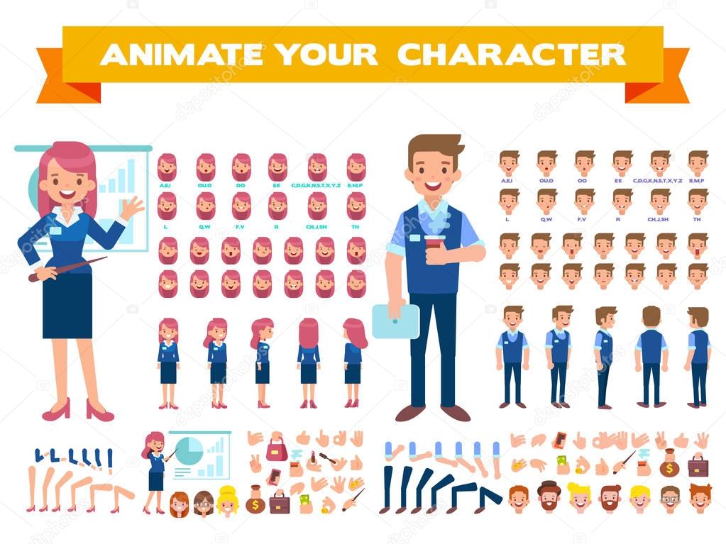 Front, side, back view animated character. Business woman and man character creation set with various views, hairstyles, face emotions, poses and gestures. Cartoon style, flat vector illustration.