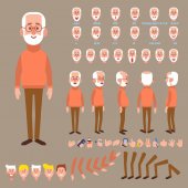 Vorne, Seite, Rückseite animierte Figur. Gestaltungsset für ältere Männer mit verschiedenen Ansichten, Frisuren, Gesichtsemotionen, Posen und Gesten. Cartoon-Stil, flache Vektorillustration. 