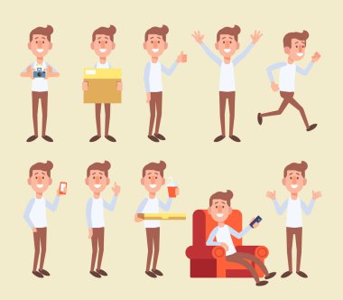 Genç adam farklı pozlar kümesi. Vektör çizgi film karakteri projeleriniz için düz bir tarzda. 