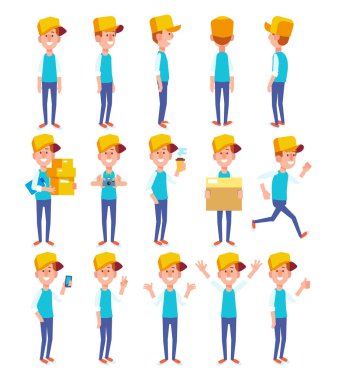 Genç adam farklı pozlar kümesi. Vektör çizgi film karakteri projeleriniz için düz bir tarzda. 