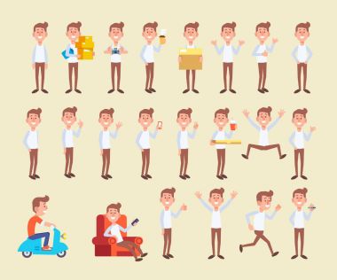 Genç adam farklı pozlar kümesi. Vektör çizgi film karakteri projeleriniz için düz bir tarzda. 