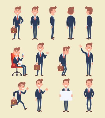 Küme iş adamı farklı teşkil etmektedir. Vektör çizgi film karakteri projeleriniz için düz bir tarzda. 