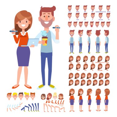Ön, yan, arka profili animasyon karakter. Çeşitli görünümleri, yüz duygular, grubu adam ve kadın tasarımcılar oluşturma teşkil etmektedir. Karikatür tarzı, düz vektör çizim. 