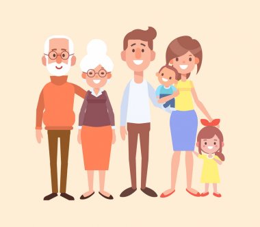 Mutlu aile birlikte - büyükbaba, büyükanne, anne, baba, çocuklar. Vektör karakter düz stil içinde animasyon için iyi ayarla. Karikatür tarzı.