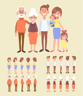 Aile karakter oluşturma küme - büyükbaba, büyükanne, anne, baba, çocuklar. Ön, yan, arkadan görünüm animasyon karakter. Karikatür tarzı, düz vektör çizim. 