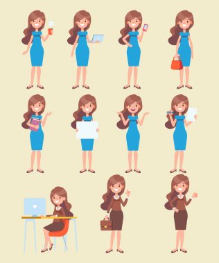 Vektör karakter tasarım ve animasyon düz stilde. Güzel kadın farklı teşkil etmektedir. Ön, yan, arkadan görünüm. 