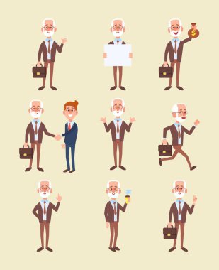 Eski iş adam karakter vektör kümesi. Düz stil illüstrasyon.