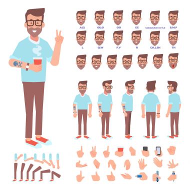 Ön, yan, arkadan görünüm animasyon karakter. Hipster adam çeşitli sayısı, yüz duygu ve hareketleri ile grubu oluşturma. Karikatür tarzı, düz vektör çizim.