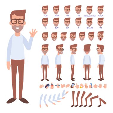 Ön, yan, arkadan görünüm animasyon karakter. Hipster adam çeşitli sayısı, yüz duygu ve hareketleri ile grubu oluşturma. Karikatür tarzı, düz vektör çizim.