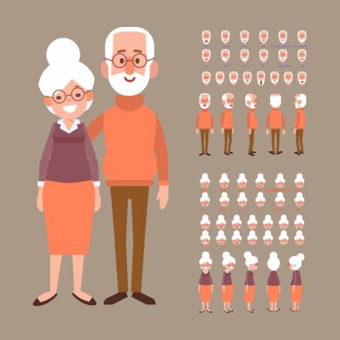Ön, yan, arka profili animasyon karakter. Çeşitli görünümleri, yüz duygular grubu dedesi oluşturma. Karikatür tarzı, düz vektör çizim. 