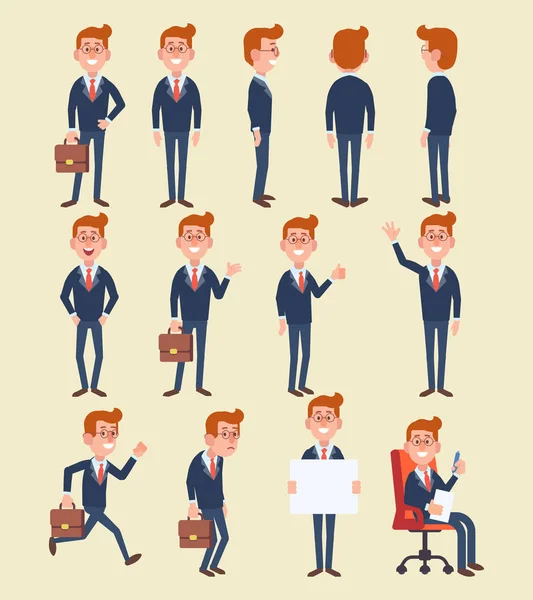 Conjunto Homens Negócios Poses Diferentes Personagem Desenho Animado Vetorial Estilo — Vetor de Stock