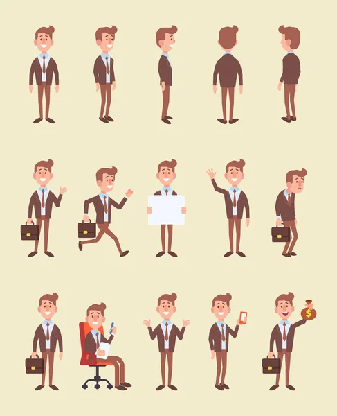 Conjunto Homens Negócios Poses Diferentes Personagem Desenho Animado Vetorial Estilo — Vetor de Stock