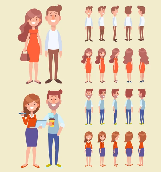 Front Side Back View Animated Characters Man Woman Couple Cartoon — Stock Vector