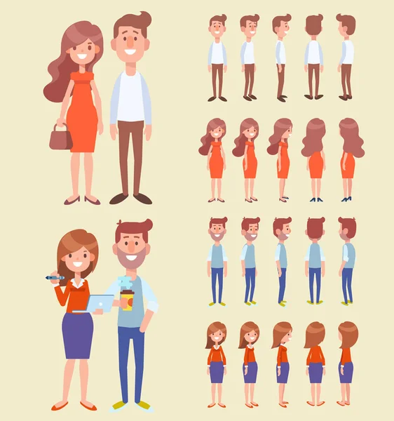 Frente Lado Espalda Ver Personajes Animados Hombre Mujer Pareja Estilo — Vector de stock