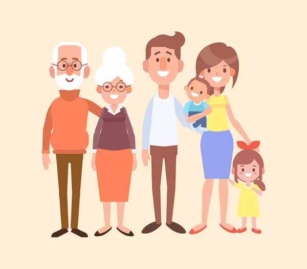 Happy Family Together Grandfather Grandmother Mom Dad Kids Vector Set — Stock Vector