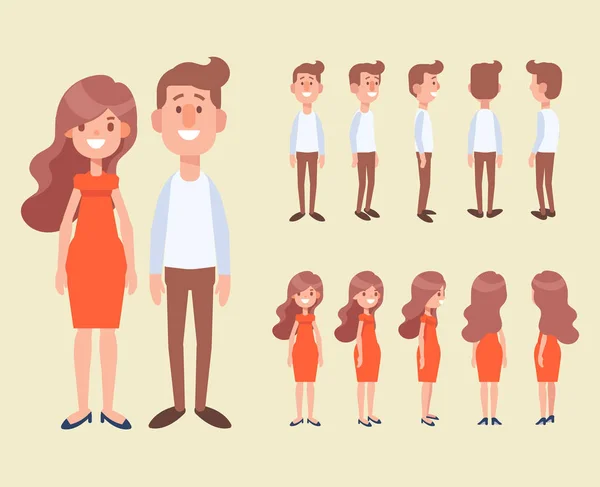 Frente Lado Espalda Ver Personajes Animados Hombre Mujer Pareja Estilo — Vector de stock