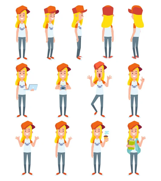 Personagem Vetorial Estilo Plano Para Design Animação Menina Poses Diferentes —  Vetores de Stock