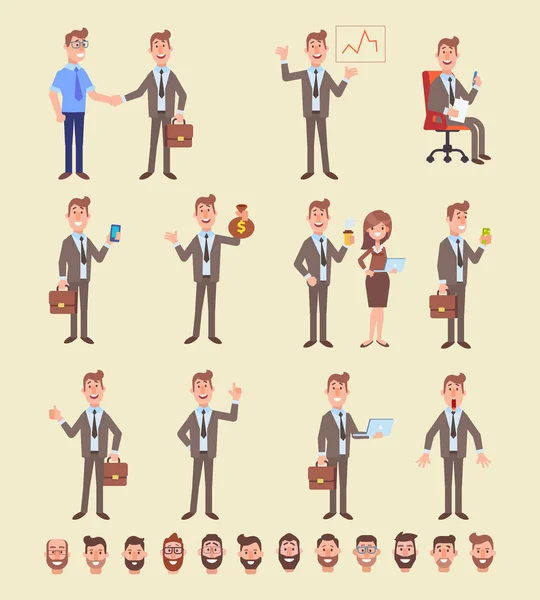 Conjunto Hombre Negocios Diferentes Poses Personaje Dibujos Animados Vectoriales Estilo — Vector de stock